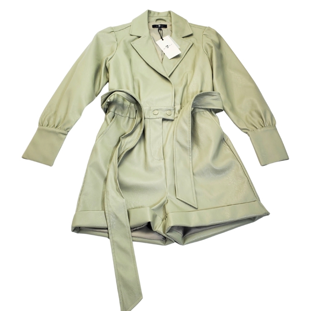 NEW 7 For All Mankind Women's Faux Leather Romper Sage Green Long Sleeves Size S - Picture 3 of 13
